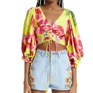 FARM Rio Sweet Jungle Lime Crop Top Women’s Sz S yellow green pink NWT $145